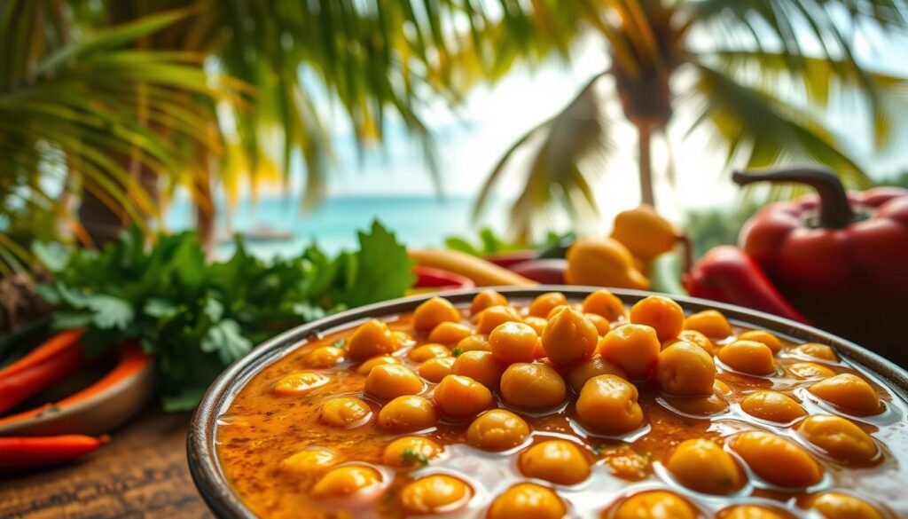 A vibrant and aromatic vegan Caribbean curry, featuring a medley of chickpeas simmered in a rich, deeply spiced coconut milk broth. The foreground showcases the steaming, fragrant dish, with plump chickpeas swimming in a lush, golden-hued sauce. The middle ground reveals an array of colorful Caribbean ingredients - fresh herbs, vibrant peppers, and fragrant spices. In the background, a lush tropical setting with swaying palm fronds and a hint of a sun-dappled coastline, setting the scene for this flavorful, plant-based feast. Soft, diffused lighting casts a warm, inviting glow over the entire composition. Captured with a wide-angle lens to emphasize the depth and richness of the scene.
