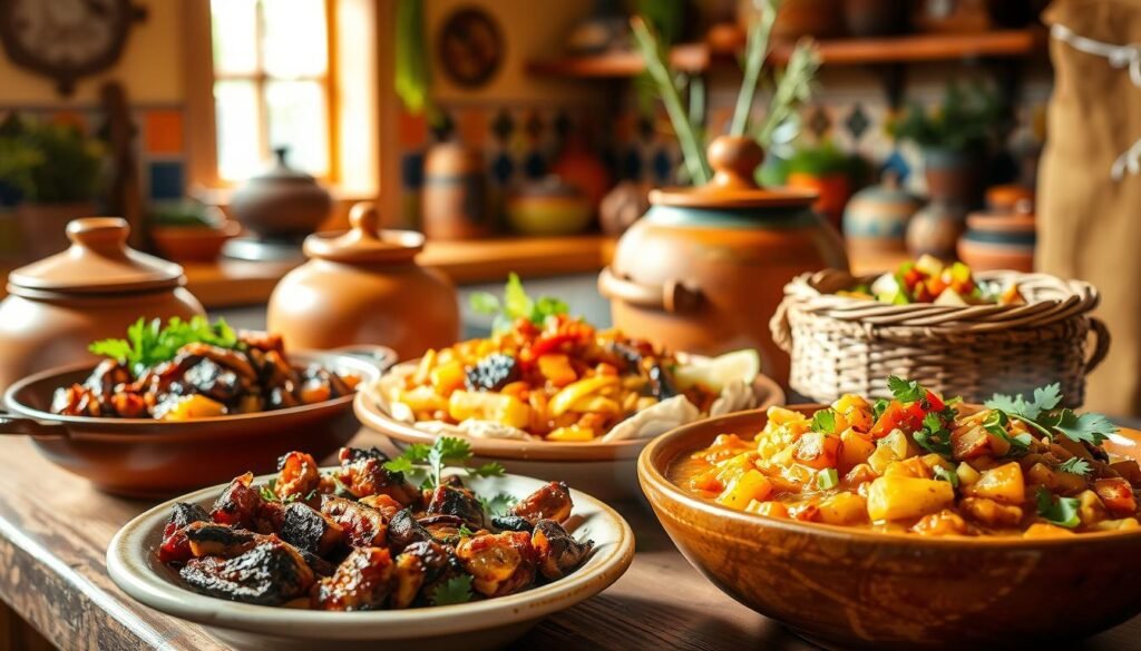 A vibrant and authentic Mexican comfort food scene. In the foreground, a selection of gluten-free Mexican dishes, including sizzling fajitas, tender carnitas, and a fragrant vegetable stew. The middle ground showcases traditional serving vessels like clay pots and woven baskets, creating a rustic, homemade atmosphere. The background features a warm, adobe-style kitchen with vibrant tile accents and soft, natural lighting filtering through an open window. The overall mood is cozy, inviting, and brimming with the enticing aromas of spices, herbs, and slow-cooked goodness. A vibrant and authentic Mexican comfort food scene. In the foreground, a selection of gluten-free Mexican dishes, including sizzling fajitas, tender carnitas, and a fragrant vegetable stew. The middle ground showcases traditional serving vessels like clay pots and woven baskets, creating a rustic, homemade atmosphere. The background features a warm, adobe-style kitchen with vibrant tile accents and soft, natural lighting filtering through an open window. The overall mood is cozy, inviting, and brimming with the enticing aromas of spices, herbs, and slow-cooked goodness.