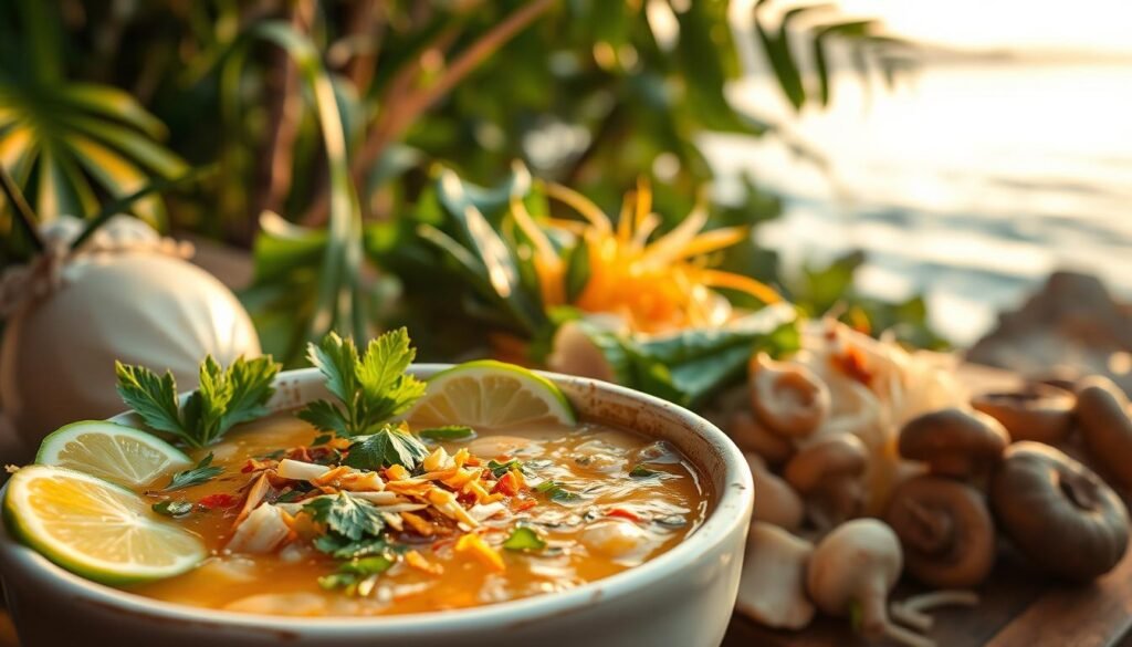 A vibrant and authentic Southeast Asian soup scene. In the foreground, a steaming bowl of coconut-based soup, garnished with fresh herbs, lime wedges, and crispy fried shallots. The rich, creamy broth is infused with aromatic ingredients like lemongrass, galangal, and kaffir lime leaves. In the middle ground, a variety of Asian vegetables, such as bok choy, bean sprouts, and shiitake mushrooms, add texture and color to the composition. The background features a serene, natural setting with tropical foliage, perhaps a lush jungle or a tranquil coastal scene, bathed in warm, golden-hour lighting. The overall atmosphere evokes a sense of cultural authenticity and culinary exploration.