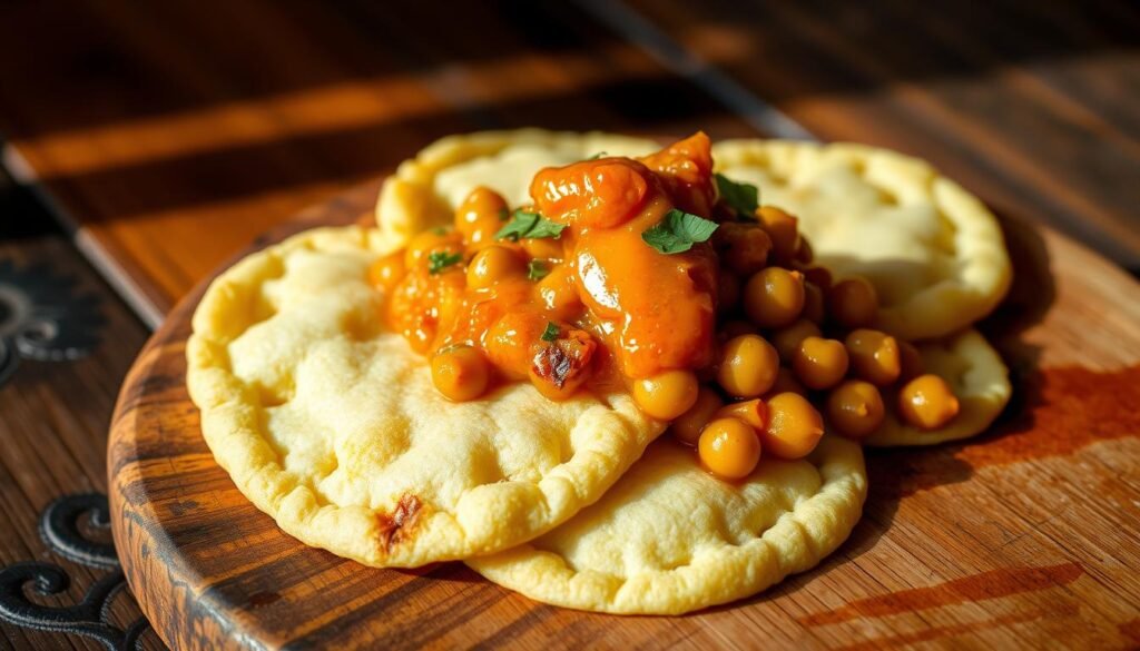A vibrant and authentic Trinidadian-style vegan Caribbean dish of soft, pillowy doubles, made with freshly fried split peas and mango chutney, arranged artfully on a rustic wooden surface. The lighting is warm and natural, with soft shadows accentuating the textural details. The image captures the bold, flavorful essence of Rasta Pasta, evoking the vibrant colors and aromas of the Caribbean.