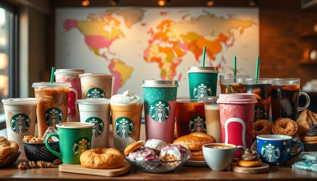 A vibrant and diverse array of Starbucks beverages from around the world, captured in a captivating still life. In the foreground, an assortment of colorful cups and mugs filled with enticing drinks, including frothy cappuccinos, icy Frappuccinos, and fragrant teas. In the middle ground, a selection of pastries, baked goods, and other snacks that complement the beverages. In the background, a blurred world map, hinting at the global reach of the Starbucks brand. The scene is bathed in warm, natural lighting, creating a cozy and inviting atmosphere that invites the viewer to explore the diverse flavors and cultural influences that shape Starbucks' global offerings.