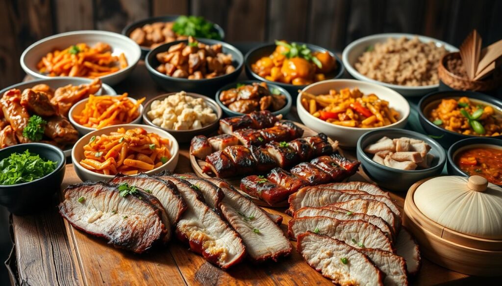 A vibrant and diverse selection of international pork dishes, artfully arranged on a rustic wooden table. In the foreground, tender slices of roasted pork belly with crispy skin, garnished with fresh herbs and spices. In the middle ground, succulent char siu pork skewers, glazed to perfection, alongside fragrant steamed buns. In the background, a colorful array of pork stir-fries, stews, and curries, each showcasing unique regional flavors from around the world. The scene is illuminated by warm, natural lighting, casting a cozy and inviting atmosphere. The overall composition captures the global culinary heritage of pork-based main courses, tempting the senses and celebrating the versatility of this beloved ingredient.