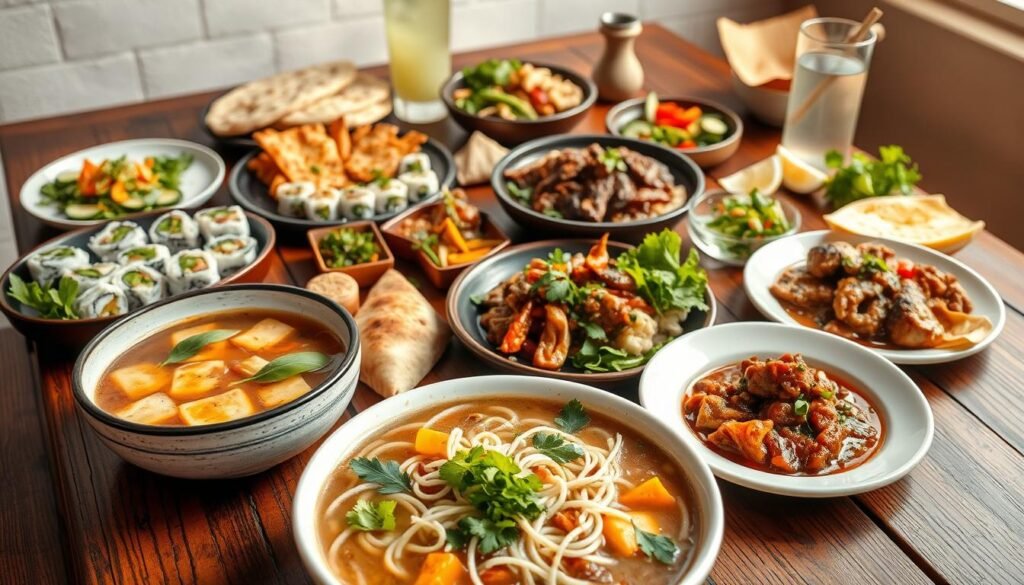 A vibrant and diverse spread of international lunch dishes, artfully arranged on a rustic wooden table. In the foreground, a steaming bowl of fragrant pho noodles, garnished with fresh herbs. Alongside, a platter of colorful sushi rolls, meticulously crafted. In the middle ground, a hearty beef and vegetable curry, its rich sauce glistening. In the background, a selection of freshly baked naan breads, an assortment of crisp salads, and a pitcher of refreshing lemonade. The scene is bathed in warm, natural lighting, creating a cozy and inviting atmosphere, drawing the viewer in to explore the flavors of the world.