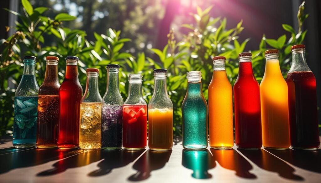 A vibrant and dynamic scene depicting the rise of functional beverages. In the foreground, a collection of glass bottles filled with colorful liquids, each representing a different health-enhancing ingredient like adaptogens, probiotics, or nootropics. The bottles are arranged in an eye-catching, stylized manner, casting long shadows that add depth and drama to the composition. In the middle ground, a backdrop of lush, verdant foliage that evokes a sense of natural purity and wellness. Soft, diffused lighting illuminates the scene, creating a warm, inviting atmosphere. The overall impression is one of innovation, vitality, and the growing consumer demand for beverages that nourish both body and mind.