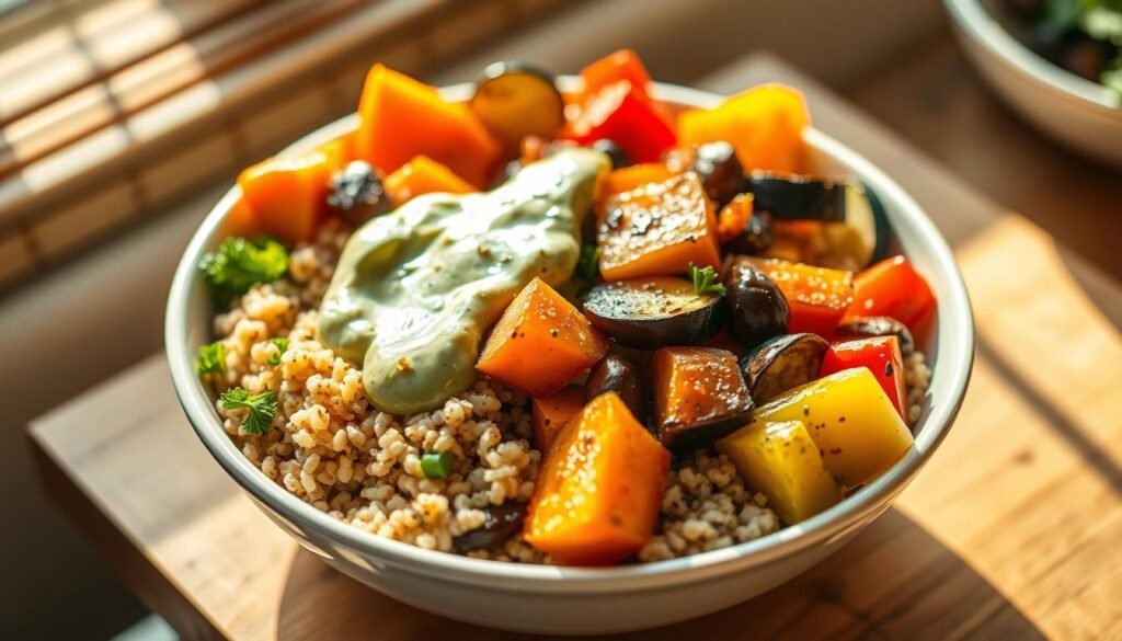 A vibrant and filling grain bowl with a variety of roasted vegetables, quinoa, and a creamy avocado-based dressing. The scene is lit by warm, natural light, casting a soft glow on the delectable meal. The vegetables, such as sweet potatoes, bell peppers, and zucchini, are arranged artfully, creating a visually appealing and appetizing composition. The quinoa provides a hearty, nutty base, complemented by the creamy avocado dressing that ties the dish together. The overall mood is one of healthy, wholesome, and satisfying plant-based nourishment, perfect for a 400-calorie vegetarian dinner.