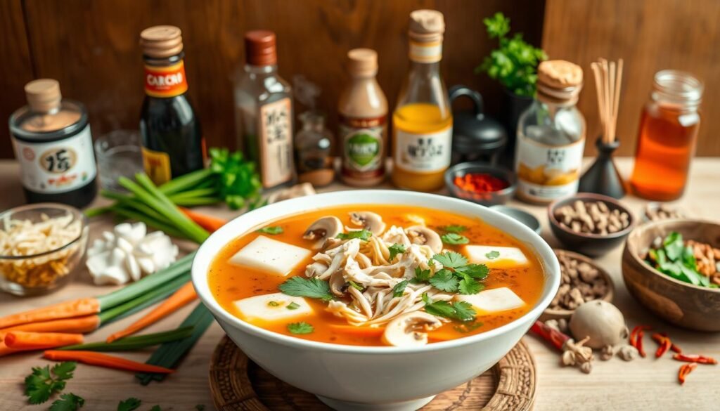 A vibrant and flavorful Asian soup scene, set against a warm and inviting backdrop. In the foreground, a steaming bowl of hot and sour soup takes center stage, filled with an array of fresh ingredients - silky tofu, sliced mushrooms, shredded carrots, and tender strips of chicken. The broth has a rich, amber hue, and wisps of steam rise delicately. Surrounding the bowl, an assortment of condiments and garnishes such as scallions, chili oil, and fresh cilantro add pops of color and depth of flavor. The middle ground is filled with a selection of diverse Asian ingredients - soy sauce, rice vinegar, sesame oil, and a variety of dried spices and aromatics. In the background, a minimalist, yet elegant Asian-inspired setting, with clean lines and a neutral color palette, allows the vibrant soup and ingredients to shine. Soft, diffused lighting casts a warm glow over the entire scene, creating an inviting and appetizing atmosphere.