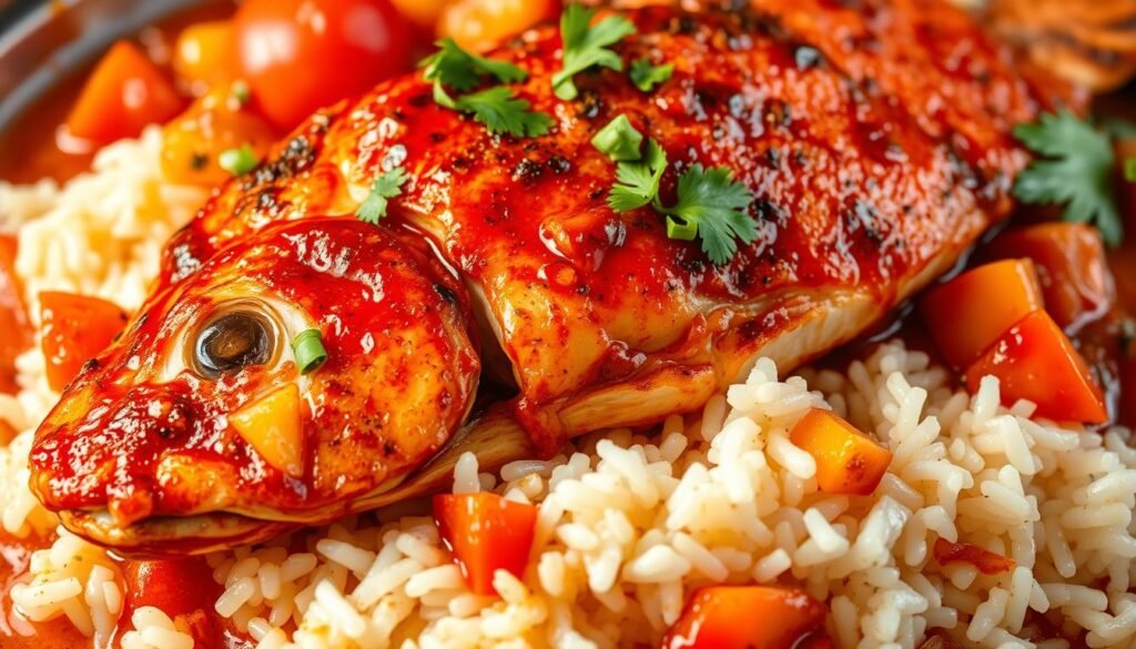 A vibrant and flavorful Creole red snapper dish, glistening under warm lighting and captured in a high-resolution close-up. The snapper's crimson skin sizzles with a spicy Creole seasoning, complemented by a medley of diced tomatoes, onions, and bell peppers. The tender, flaky fish appears nestled atop a bed of fluffy white rice, its sauce gently pooling around the edges. A sprinkle of chopped parsley adds a fresh, herbaceous accent, while the overall composition exudes the rich, aromatic essence of Caribbean cuisine.