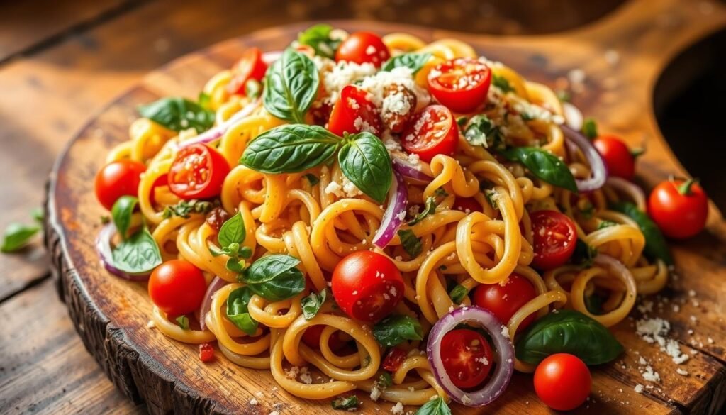 A vibrant and flavorful pasta salad bursting with a medley of fresh vegetables, herbs, and a tantalizing chili-infused vinaigrette dressing. The salad is artfully arranged on a rustic wooden board, the pasta twirling around crunchy bell peppers, juicy cherry tomatoes, and pungent red onion slices. Garnished with fragrant basil leaves and a sprinkle of grated Parmesan, the scene is illuminated by warm, natural lighting that casts a golden glow, creating an inviting and appetizing atmosphere. The overall composition is visually striking, capturing the essence of a unique and creative pasta salad recipe that would complement the "Pasta Salad Recipes for Flavor-Packed Gatherings" article.