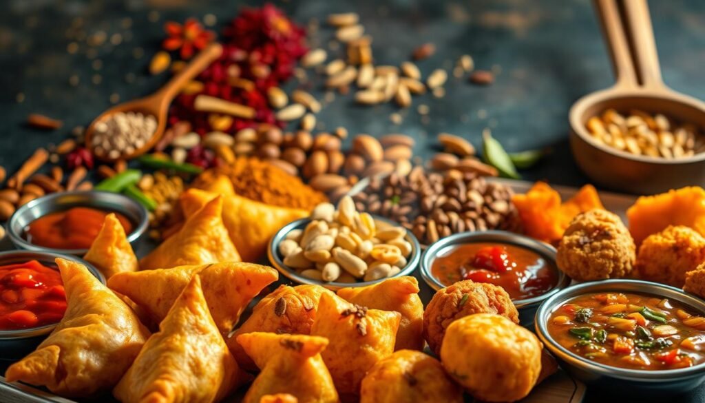A vibrant and fragrant Indian snack spread, featuring an array of spicy bites. In the foreground, crisp samosas and pakoras sizzle, their golden exteriors contrasting with the fiery red and green chutneys alongside. In the middle ground, a selection of roasted nuts and seeds, their textures and flavors complementing the fried treats. The background showcases an assortment of colorful spices, their aromas wafting through the scene, creating an enticing and inviting atmosphere. Warm, directional lighting casts shadows and highlights the intricate details, while a wide-angle lens captures the full breadth of this tantalizing Indian snack spread.