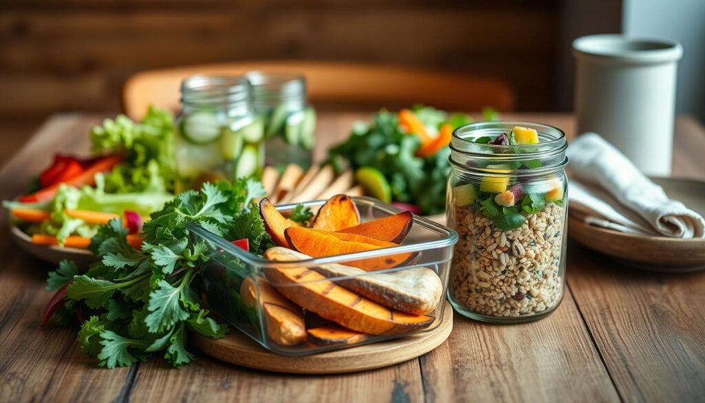 A vibrant and inviting scene of a healthy lunch spread on a wooden table. In the foreground, an array of colorful ingredients including a variety of fresh vegetables, crisp salad greens, grilled chicken, and a side of roasted sweet potato wedges. The middle ground features a sleek glass container filled with a nourishing grain-based salad, accompanied by a mason jar of refreshing infused water. In the background, a neatly folded linen napkin and a minimalist ceramic dish set the scene for a balanced, nutritious midday meal. Soft, natural lighting casts a warm glow, creating an appetizing and health-conscious atmosphere.
