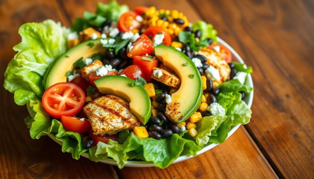A vibrant and mouthwatering southwest dinner salad, with grilled chicken, crisp romaine lettuce, juicy tomatoes, sliced avocado, roasted corn, black beans, and crumbled queso fresco. The salad is bathed in a zesty lime-cilantro vinaigrette, providing a bright and tangy contrast to the rich, savory ingredients. Captured in a warm, natural light that accentuates the vibrant colors and textures, the salad is presented on a rustic wooden table, evoking the flavors of the American Southwest. The overall composition creates a harmonious and appetizing scene, enticing the viewer to dive into this flavorful and satisfying main course salad.