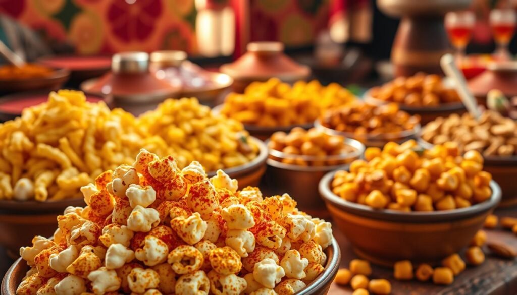 A vibrant and mouthwatering spread of popular Indian snack recipes, showcasing a variety of flavorful popcorn variations. In the foreground, a heaping bowl of freshly popped popcorn, dusted with an array of aromatic spices like cumin, chili powder, and turmeric, creating a tantalizing visual. In the middle ground, an assortment of traditional Indian savory snacks, such as masala-coated puffed rice, crunchy chickpea flour fritters, and spicy roasted nuts, all arranged on a rustic wooden table. The background is filled with warm, natural lighting, casting a cozy and inviting atmosphere, reminiscent of a bustling Indian street food market. The overall scene evokes a sense of cultural authenticity and the alluring flavors of popular Indian snack recipes.
