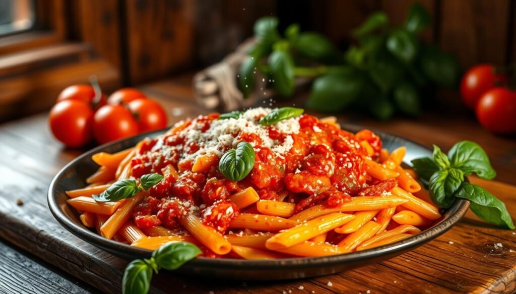 A vibrant and spicy vegetarian pasta dish with penne noodles, coated in a rich, tomato-based arrabbiata sauce. The pasta is arranged on a rustic, wooden table, with a scattering of fresh basil leaves, grated parmesan cheese, and a drizzle of premium olive oil. The scene is illuminated by warm, natural lighting from a nearby window, casting a soft, golden glow across the dish. The overall mood is cozy, inviting, and bursting with the bold, zesty flavors of the arrabbiata sauce. The image captures the mouthwatering essence of this delectable, vegetarian pasta creation.