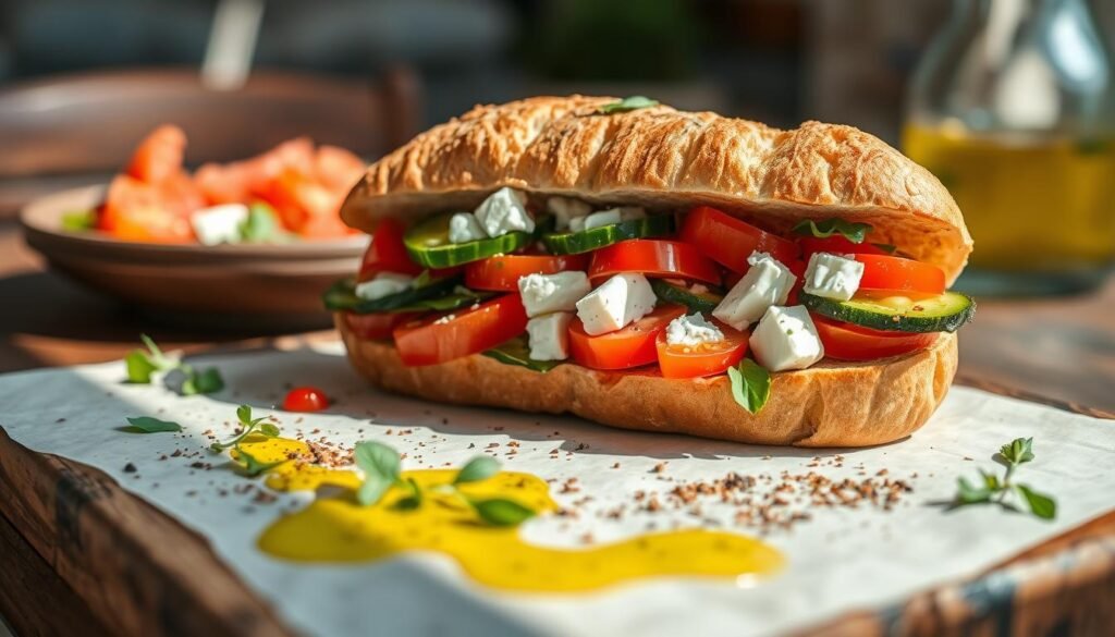A vibrant and visually enticing Mediterranean-inspired vegetarian sandwich, captured in a soft natural light. The foreground features a crusty artisanal bread, overflowing with a colorful array of fresh vegetables - juicy tomatoes, crisp cucumbers, tangy feta, and fragrant herbs. The middle ground showcases a drizzle of olive oil and a sprinkle of za'atar seasoning, adding depth and complexity to the flavors. In the background, a rustic wooden table sets the scene, evoking the relaxed, sun-drenched atmosphere of a Mediterranean cafe. The composition is balanced, with the sandwich taking center stage, inviting the viewer to savor the global blend of vegetarian delights.