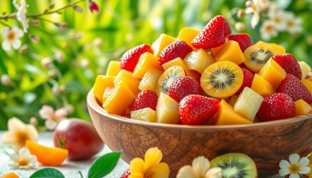 A vibrant and whimsical scene of a rainbow-hued fruit salad, captured in a soft, dreamy lighting. In the foreground, a large, wooden bowl overflows with a medley of freshly cut tropical fruits - juicy mango slices, ruby-red strawberries, golden pineapple chunks, and shimmering kiwi coins. The midground features a lush, verdant backdrop, with wispy leaves and delicate flowers framing the composition. The overall mood is one of playfulness and delight, perfect for a delectable, kid-friendly summer salad. The image is shot from a slightly elevated angle, showcasing the array of vibrant colors and textures in an appetizing and inviting manner.