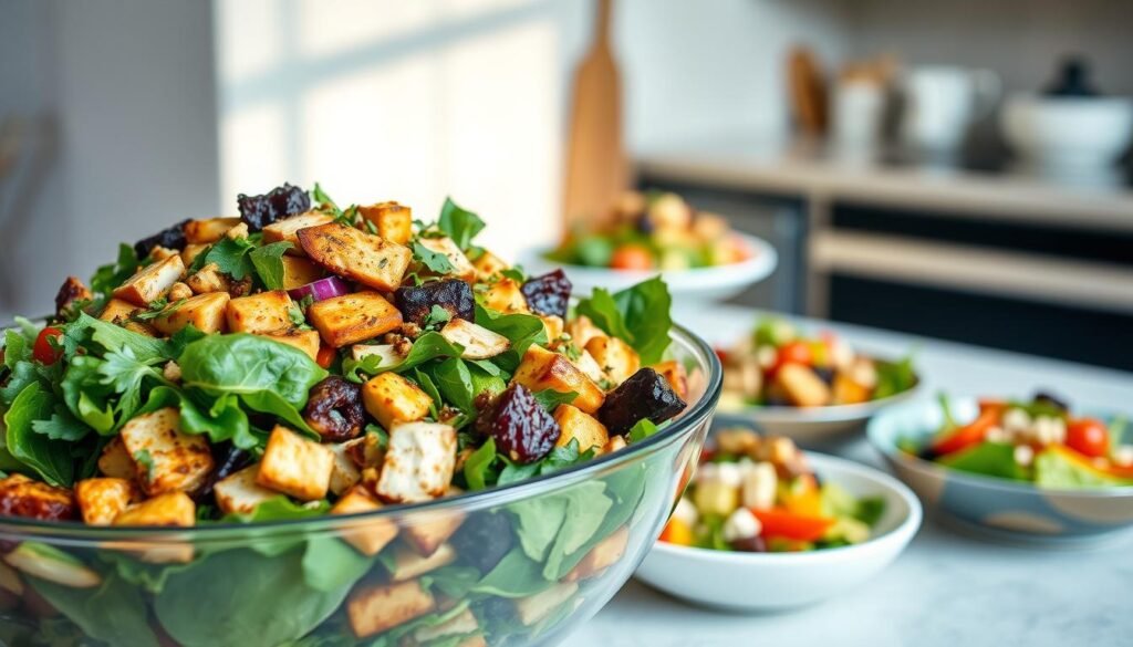A vibrant, appetizing arrangement of creative salad dishes that could serve as a satisfying main course. In the foreground, a large bowl overflows with a colorful medley of fresh greens, roasted vegetables, protein-rich ingredients like grilled chicken or tofu, and a variety of toppings and garnishes. The middle ground features complementary small plates or side salads, showcasing unique flavor combinations and textures. The background hints at a minimalist, airy kitchen setting, with natural lighting casting a warm glow over the scene. The overall mood is one of culinary sophistication and nourishing, balanced meals that elevate the humble salad to main course status.