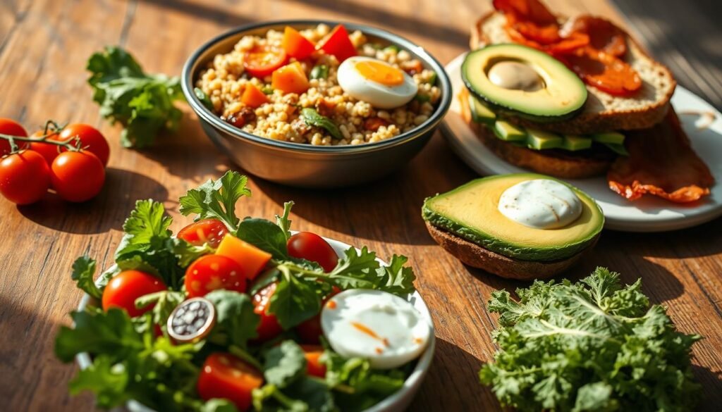 A vibrant, appetizing arrangement of fresh, homemade quick lunch recipes, beautifully presented on a rustic wooden table. In the foreground, a simple salad with leafy greens, cherry tomatoes, and a drizzle of balsamic dressing. In the middle, a nutritious grain bowl with quinoa, roasted vegetables, and a soft-boiled egg. In the background, a hearty sandwich with sliced avocado, crisp bacon, and a tangy spread. The scene is illuminated by natural, warm lighting, casting gentle shadows and highlighting the textures and colors of the dishes. The overall atmosphere is one of effortless sophistication and mouthwatering appeal, capturing the essence of delicious, wholesome lunches that can be prepared in under 15 minutes.