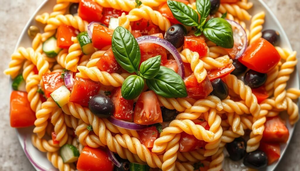 A vibrant, appetizing cold Italian pasta salad fills the frame, its colorful ingredients arranged in a visually striking composition. Twisting strands of al dente penne pasta act as the focal point, tossed with a medley of diced tomatoes, crisp cucumber, pungent red onion, briny kalamata olives, and fresh basil leaves. A drizzle of olive oil and a light sprinkling of Italian seasoning complete the dish, capturing the flavors of the Mediterranean. The image is bathed in warm, natural lighting, giving the salad a fresh, inviting appearance against a neutral background that allows the colors to pop. The camera angle is slightly elevated, providing an elegant, slightly overhead perspective that emphasizes the carefully crafted presentation.