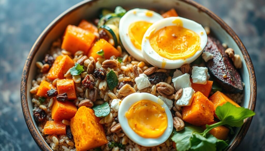 A vibrant, appetizing grain bowl filled with an array of fresh, colorful ingredients. A base of hearty quinoa or brown rice, topped with roasted vegetables like sweet potatoes, carrots, and zucchini. Sprinkled with toasted seeds, crunchy nuts, and a drizzle of tangy dressing. Soft-boiled eggs or crumbled feta cheese add a touch of creaminess. Warm, natural lighting highlights the textures and hues, creating a visually inviting and nutritious vegetarian lunch option. Shot from an overhead angle to showcase the bowl's contents in an artful, editorial-style composition.