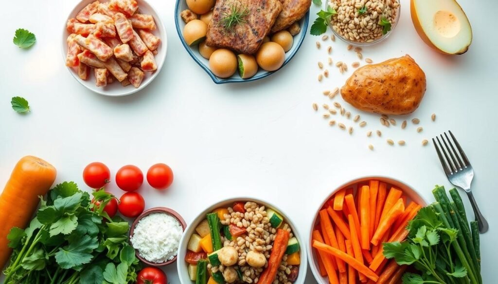 A vibrant, appetizing spread of easy, nutritious dinner recipes against a white backdrop. Fresh vegetables, lean proteins, and colorful whole grains fill the frame, artfully arranged to showcase their natural beauty and health benefits. Warm, diffused lighting creates a cozy, inviting atmosphere. The composition is balanced and visually appealing, drawing the viewer's attention to the simple, wholesome ingredients. The overall mood is one of effortless, stress-free nourishment, perfectly capturing the essence of "Healthy Dinner Options" for stress-free nights.