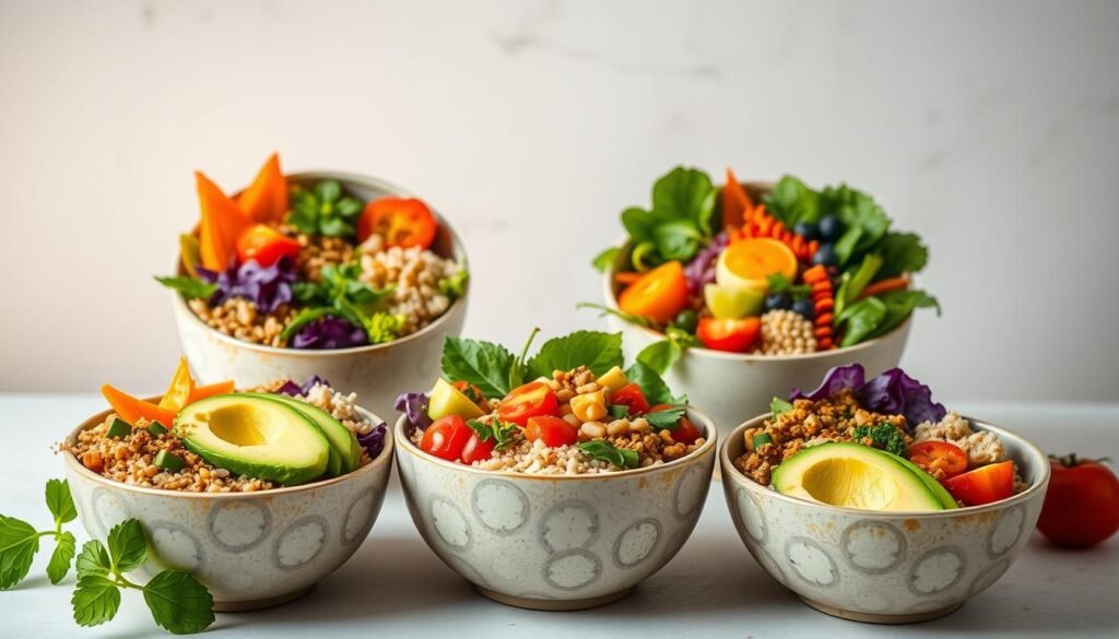 A vibrant arrangement of colorful, nourishing Buddha bowls takes center stage against a clean, minimalist background. The bowls brim with an array of fresh, crisp vegetables, hearty whole grains, and creamy avocado slices, dressed in a tantalizing array of dressings and garnishes. Soft, warm lighting casts a gentle glow, highlighting the bowl's textures and vibrant hues. The composition is balanced and visually appealing, inviting the viewer to savor the healthy, satisfying meal. A sense of simplicity and freshness pervades the scene, reflecting the "Quick and Easy Healthy Lunch Ideas" theme.