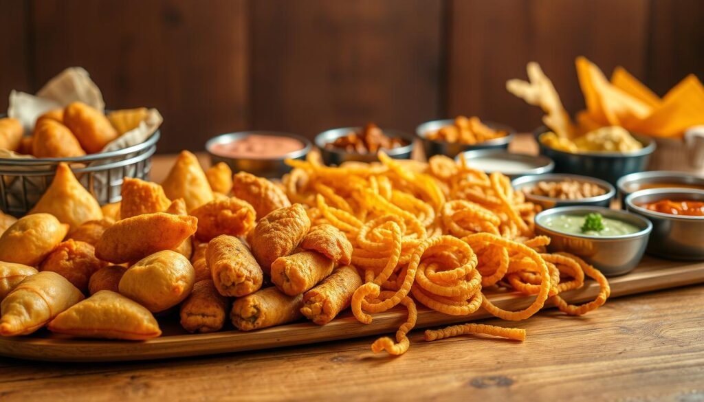 A vibrant arrangement of crispy Indian snacks on a wooden table, perfectly lit with warm, natural light. In the foreground, an assortment of samosas, pakoras, and vada pav, their golden-brown exteriors glistening. In the middle ground, a selection of crunchy namkeen and chakli, intricately coiled and dusted with spices. The background showcases a range of chutneys and dips, their vibrant colors creating a visually appealing contrast. The overall scene exudes the comforting aromas and flavors of a quintessential Indian tea-time spread, inviting the viewer to indulge in these beloved snacks.