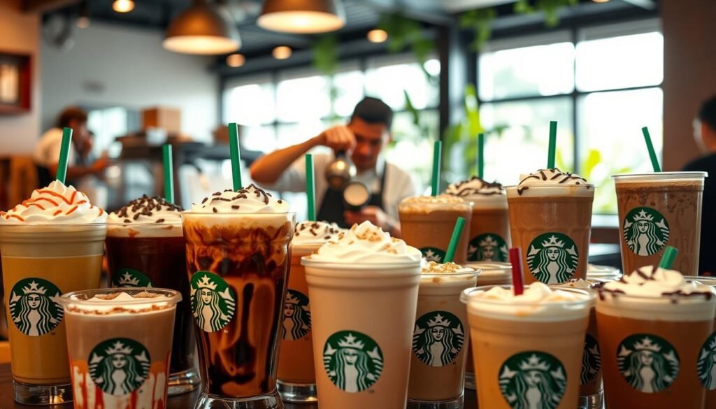A vibrant arrangement of customized Starbucks drinks, meticulously crafted to delight the senses. In the foreground, a collection of beverages in an array of colors and textures - from a frothy matcha latte to a decadent mocha frappuccino, each adorned with personalized toppings and syrups. In the middle ground, baristas skillfully pour and mix ingredients, their movements captured in a dynamic, cinematic lighting. The background showcases the warm, welcoming ambiance of a Starbucks café, with soft, natural lighting and the hint of lush greenery. The overall scene exudes a sense of artistry, inviting the viewer to imagine the delightful flavors and endless possibilities of customizing their perfect Starbucks drink.