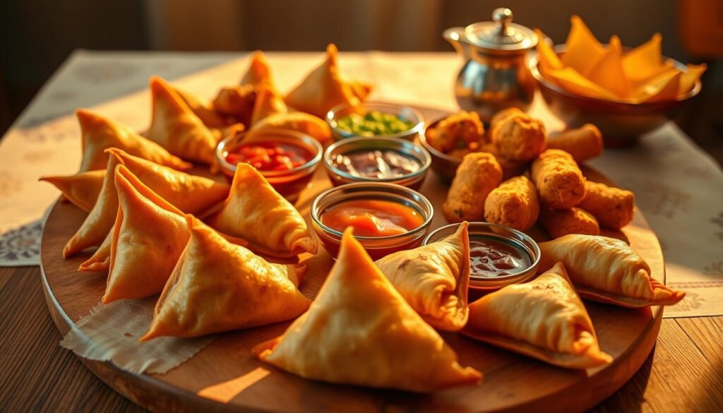 A vibrant arrangement of freshly baked Indian snacks on a wooden table, bathed in warm, golden lighting. In the foreground, crisp samosas filled with aromatic spiced potatoes, accompanied by delicate, flaky pakoras and crunchy bhel puri. In the middle ground, a selection of colorful chutneys, tamarind and mint, in small bowls, adding a tantalizing contrast. The background features a simple, yet elegant tablecloth, with a subtle pattern hinting at Indian design elements. The overall scene emanates a sense of tradition, comfort and the irresistible allure of classic Indian flavors, perfect for an indulgent tea time.