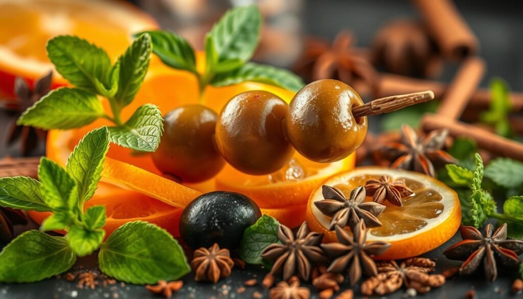 A vibrant arrangement of garnish elements, meticulously crafted to elevate the visual appeal of an alcoholic drink. In the foreground, a delicate sprig of fresh mint, its verdant leaves gently curling, nestled alongside thin slices of citrus fruits, their vibrant hues bursting with juicy vitality. The middle ground features a skewer of plump, juicy olives, their glossy black sheen complementing the rustic wooden pick that supports them. In the background, a scattering of aromatic spices, such as star anise and cinnamon sticks, add depth and complexity to the overall composition. The lighting is soft and warm, casting a subtle glow that enhances the textures and colors of the garnishes, creating a visually captivating and inviting scene that captures the essence of the "Alcoholic Drinks Aesthetic That Makes Any Party Pop."