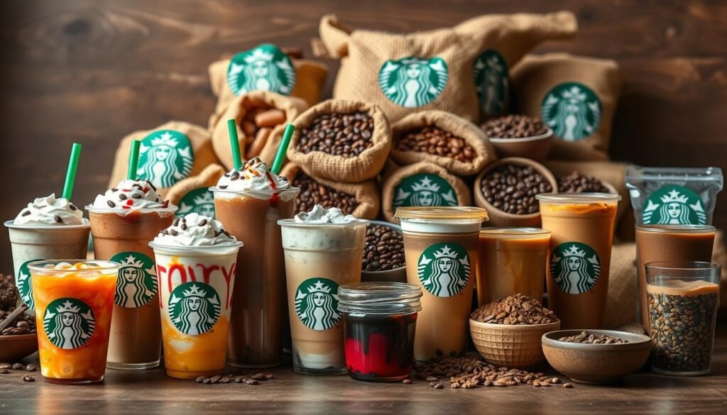 A vibrant arrangement of trending Starbucks beverages, captured in a crisp, high-resolution photograph. In the foreground, an array of colorful cups showcasing the brand's iconic Frappuccino, cold brew, and seasonal specialty drinks, each one meticulously detailed with textured foam, drizzles, and garnishes. The middle ground features a selection of Starbucks' signature whole bean coffees and tea leaves, artfully displayed in rustic burlap sacks and ceramic bowls. In the background, a backdrop of warm, natural lighting accentuates the rich, earthy tones of the Starbucks branding, creating a cozy, inviting atmosphere. The overall composition conveys a sense of popularity, quality, and the enduring appeal of these beloved Starbucks beverages.