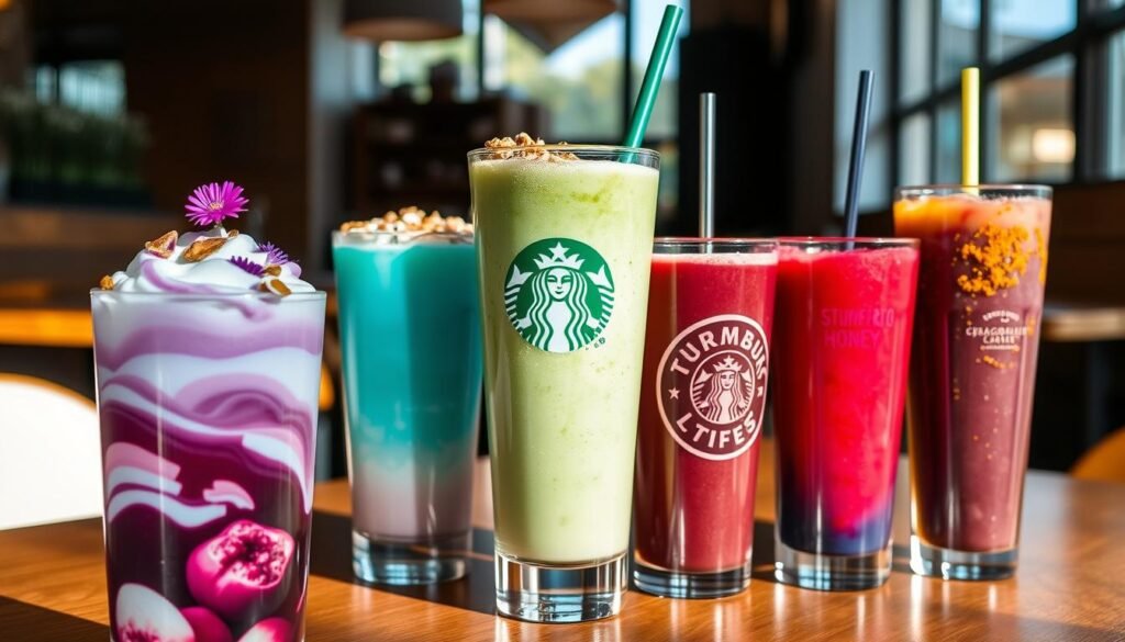 A vibrant arrangement of unconventional Starbucks drinks, captured in a soft, natural light. In the foreground, a swirling ombre of a lavender-infused latte, garnished with edible flowers. In the middle ground, a bold, teal-hued Frappuccino, adorned with crushed pistachios and a dusting of matcha powder. In the background, a trio of jewel-toned smoothies - one ruby red with dragonfruit, one deep indigo with activated charcoal, and one shimmering gold with turmeric and honey. The drinks are set against a backdrop of a cozy, minimalist cafe, with wooden accents and brushed metal finishes. The overall mood is one of playful experimentation and a celebration of the unexpected.