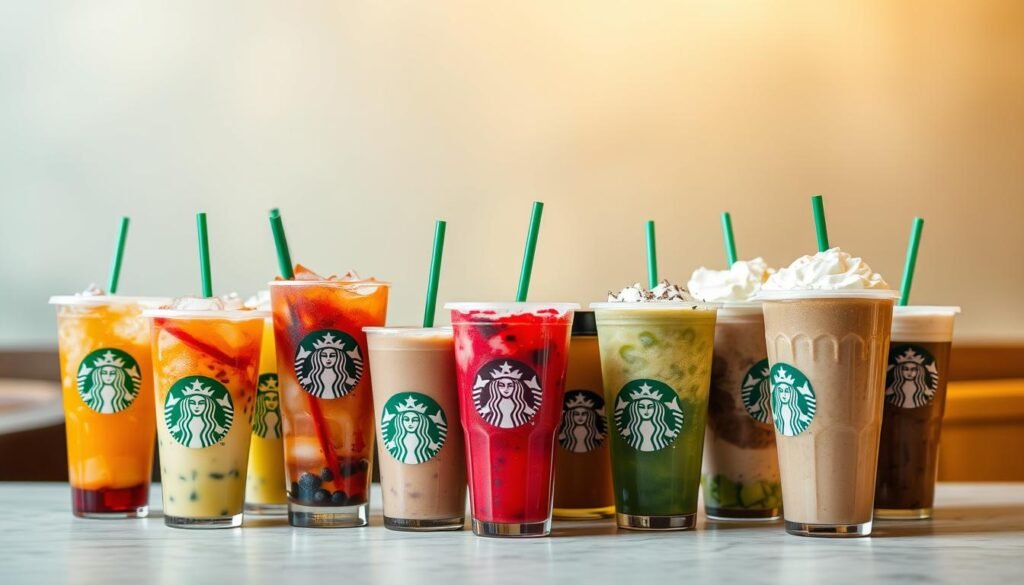 A vibrant array of Starbucks' non-coffee beverages, including refreshing iced teas, fruity smoothies, and indulgent hot chocolates, presented against a soft, blurred background. The drinks are arranged in the foreground, their vivid colors and intricate details capturing the eye. Warm, diffused lighting bathes the scene, creating a cozy, inviting atmosphere. The middle ground features a few Starbucks-branded cups and accents, while the background is hazy, allowing the focus to remain on the delectable beverages. The overall composition conveys a sense of temptation and delight, enticing the viewer to savor the unique flavors beyond the typical coffee offerings.