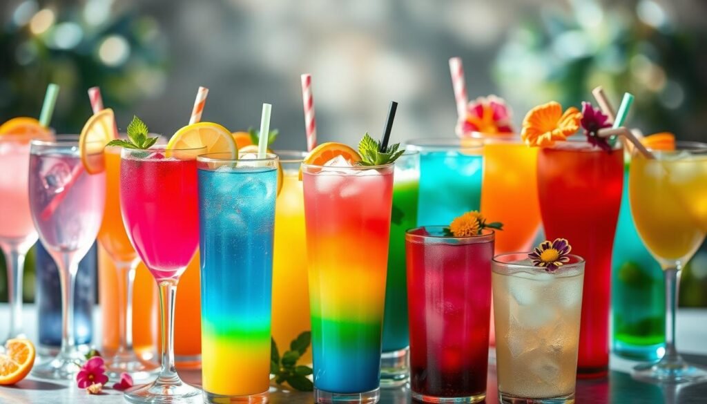 A vibrant array of colorful rainbow drinks arranged in a visually stunning aesthetic. In the foreground, an array of tall glasses brimming with liquids in a rainbow of hues - neon pinks, electric blues, vivid greens, and luminous oranges. In the middle ground, garnishes and decorative elements like fruit slices, herbs, and edible flowers add pops of complementary color. The background features a soft, out-of-focus bokeh effect, creating a dreamlike, ethereal atmosphere. The lighting is natural and diffused, casting a warm, inviting glow. The camera angle is slightly elevated, giving a birds-eye view of the captivating drink display. The overall mood is one of joy, whimsy, and indulgence, perfectly capturing the "Trending Drink Aesthetics in 2023".