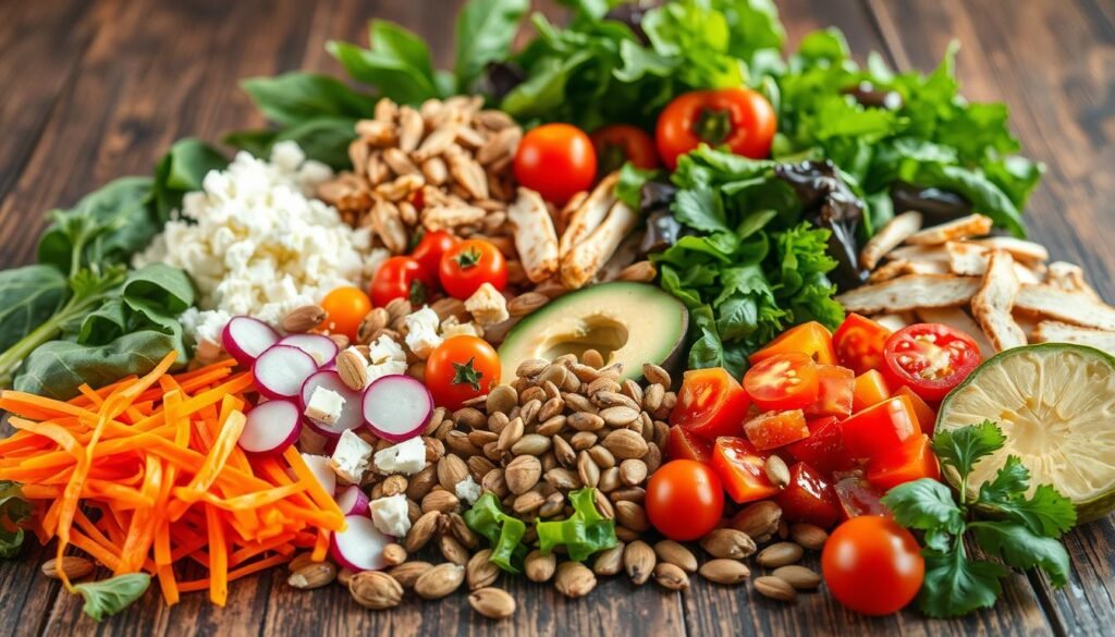 A vibrant array of fresh and colorful salad toppings and mix-ins arranged on a rustic wooden table, bathed in soft, natural light. In the foreground, an assortment of crisp vegetables like julienned carrots, sliced radishes, diced bell peppers, and cherry tomatoes burst with vivid hues. Interspersed are crunchy nuts and seeds, such as toasted almonds, sunflower seeds, and pumpkin seeds. In the middle ground, crumbled feta cheese, sliced avocado, and slivers of grilled chicken add texture and protein. The background features lush, green leafy greens, including spinach, arugula, and mixed greens, suggesting the foundation of a nourishing and flavor-packed salad. The overall scene evokes a sense of freshness, vitality, and culinary creativity.