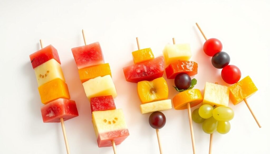 A vibrant array of fresh, colorful fruits skillfully skewered onto wooden kabobs, creating an enticing and visually appealing kid-friendly snack. The kabobs are arranged in an inviting, whimsical manner, with a variety of seasonal fruits such as juicy watermelon cubes, bright orange slices, succulent pineapple chunks, and crunchy grapes. The kabobs are set against a clean, white background, allowing the vivid hues of the fruit to take center stage. Soft, diffused lighting casts a gentle glow, accentuating the natural sweetness and texture of the fruit. The overall composition conveys a sense of playfulness and healthy, delightful indulgence, perfect for satisfying the palates of picky young eaters. A vibrant array of fresh, colorful fruits skillfully skewered onto wooden kabobs, creating an enticing and visually appealing kid-friendly snack. The kabobs are arranged in an inviting, whimsical manner, with a variety of seasonal fruits such as juicy watermelon cubes, bright orange slices, succulent pineapple chunks, and crunchy grapes. The kabobs are set against a clean, white background, allowing the vivid hues of the fruit to take center stage. Soft, diffused lighting casts a gentle glow, accentuating the natural sweetness and texture of the fruit. The overall composition conveys a sense of playfulness and healthy, delightful indulgence, perfect for satisfying the palates of picky young eaters.