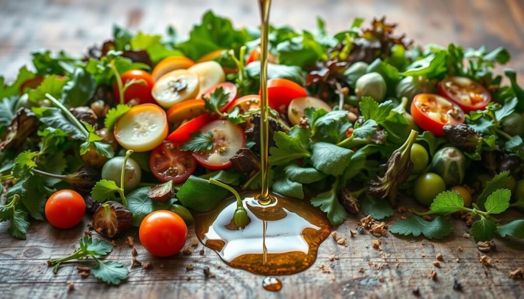 A vibrant array of freshly harvested greens, crisp vegetables, and aromatic herbs sprawl across a rustic wooden table. Delicate streams of olive oil, tangy balsamic vinegar, and a medley of seasonings swirl together, forming a captivating dressing that glistens under soft, natural lighting. The scene is captured from a slightly elevated angle, highlighting the textures and colors of the ingredients. A sense of wellness and culinary artistry permeates the image, inviting the viewer to explore these healthy salad dressing recipes.