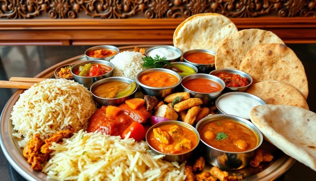 A vibrant array of popular Indian lunch dishes, artfully arranged on a traditional brass thali platter. In the foreground, steaming basmati rice, simmering dal, and fragrant curries dance with bold flavors. Complementing the main dishes, a medley of chutneys, pickles, and raita add pops of color and tangy accents. The middle ground showcases soft, flaky naan and crisp papadums, their textures contrasting the hearty mains. A backdrop of carved wood paneling and a warm, diffused lighting create an inviting, authentic ambiance. This image captures the essence of a quintessential Indian lunch, enticing the senses and whetting the appetite.