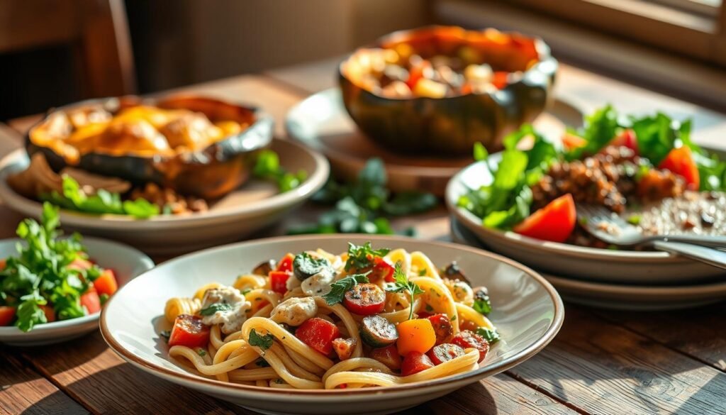 A vibrant array of seasonal vegetarian dishes graces a rustic wooden table, bathed in warm natural light. In the foreground, an artfully plated pasta primavera dish with colorful sautéed vegetables and creamy herb sauce. Behind it, a hearty lentil and roasted vegetable shepherd's pie, its golden crust glistening. In the background, a fragrant quinoa and grilled vegetable stuffed acorn squash, accompanied by a fresh green salad with vibrant hues. The overall scene exudes an inviting, farm-to-table ambiance, perfectly capturing the essence of a nourishing and delightful vegetarian Easter dinner. A vibrant array of seasonal vegetarian dishes graces a rustic wooden table, bathed in warm natural light. In the foreground, an artfully plated pasta primavera dish with colorful sautéed vegetables and creamy herb sauce. Behind it, a hearty lentil and roasted vegetable shepherd's pie, its golden crust glistening. In the background, a fragrant quinoa and grilled vegetable stuffed acorn squash, accompanied by a fresh green salad with vibrant hues. The overall scene exudes an inviting, farm-to-table ambiance, perfectly capturing the essence of a nourishing and delightful vegetarian Easter dinner.