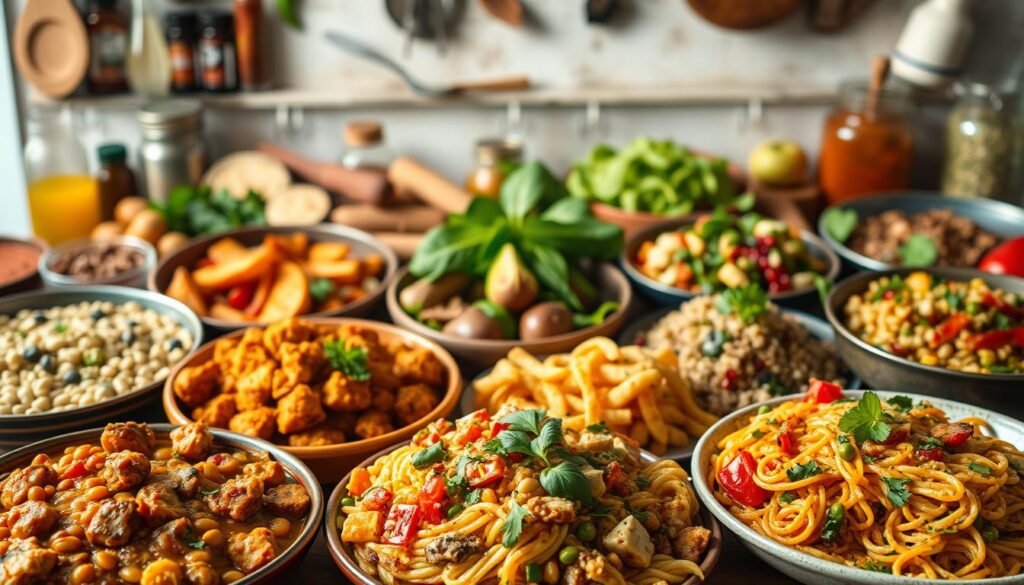 A vibrant array of vegan dishes from around the world, showcasing the diverse flavors and culinary traditions of international cuisines. In the foreground, a colorful medley of plant-based entrees - a spicy curry with lentils and coconut milk, a hearty stir-fry with tofu and fragrant Asian vegetables, and a fresh, herbed pasta primavera. In the middle ground, an assortment of global side dishes - roasted sweet potatoes with cumin, steamed edamame, and a vibrant quinoa salad with pomegranate and mint. The background is filled with an array of spices, herbs, and condiments, suggesting the rich depth of flavors. Warm, diffused lighting casts a cozy, inviting glow, creating a welcoming and mouthwatering scene.