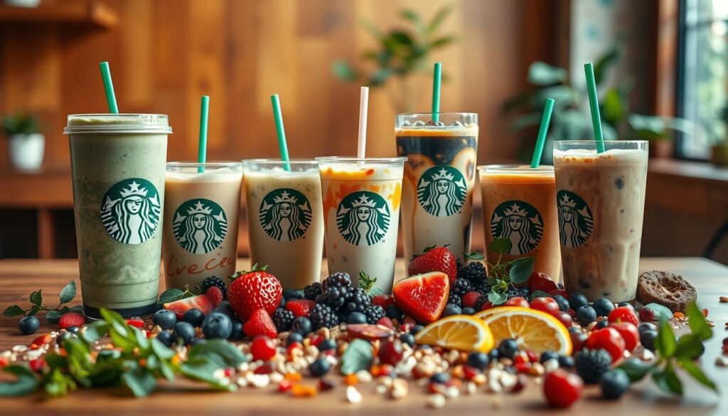 A vibrant, artfully arranged display of delectable vegan Starbucks drinks, captured in a soft, natural light. The foreground features an assortment of beverages, each showcasing a unique blend of plant-based ingredients and creative flavors - from a lush, green matcha latte to a rich, creamy oat milk chai. In the middle ground, a scattered array of fresh fruits, berries, and vibrant herbs add pops of color and a sense of health-conscious vitality. The background gently fades into a cozy, café-inspired setting, with a warm, wooden backdrop and a touch of greenery, evoking a welcoming, sustainable atmosphere. The overall composition exudes a sense of balance, innovation, and a commitment to wholesome, plant-based indulgence.