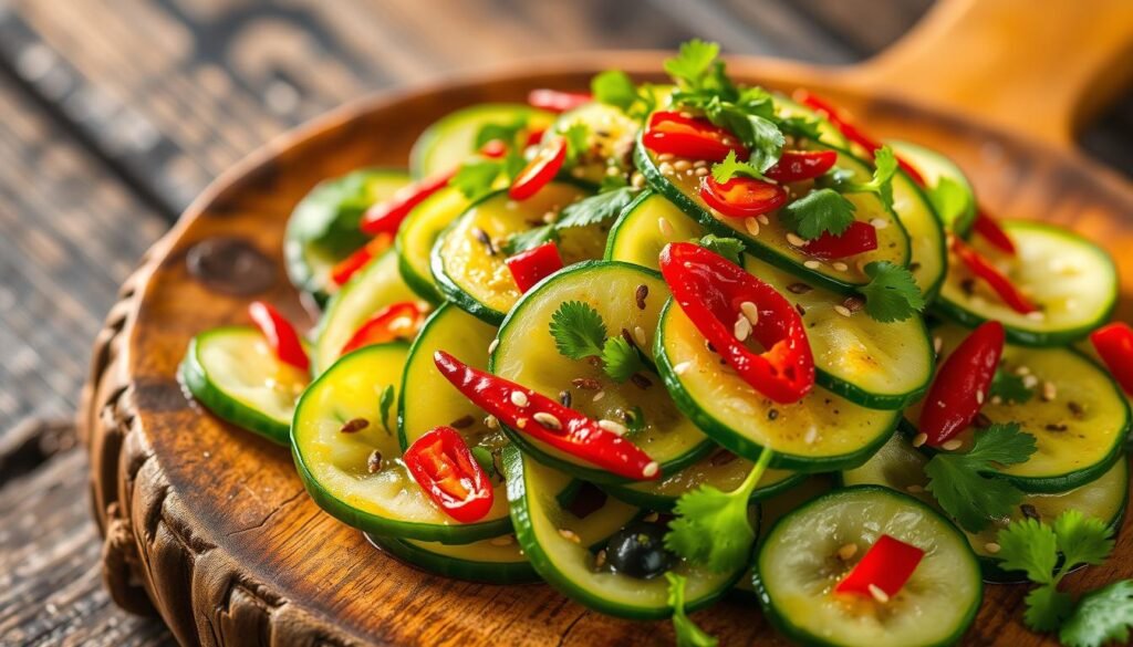 A vibrant asian cucumber salad with crisp, freshly sliced cucumbers in a tangy, fragrant marinade. The salad is arranged on a rustic wooden surface, with slices of cucumber gently overlapping each other. Garnished with slivers of red chili peppers, chopped cilantro, and sesame seeds, creating a visually stunning and appetizing display. Backlit by soft, warm lighting, casting gentle shadows and highlighting the delicate textures. The overall mood is fresh, flavorful, and inviting, perfectly capturing the essence of an authentic asian cucumber salad.