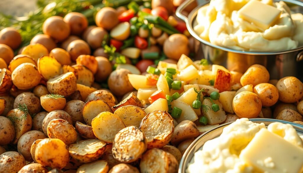 A vibrant assortment of freshly harvested new potatoes, their thin skins glistening under the warm, golden light of a late summer afternoon. In the foreground, a medley of roasted new potatoes are seasoned with fragrant herbs, their crisp exteriors complemented by fluffy interiors. In the middle ground, a creamy potato salad with fresh herbs, crunchy vegetables, and a tangy vinaigrette dressing. In the background, a steaming pot of buttery, chive-flecked mashed new potatoes, their velvety texture inviting a generous pat of butter. The scene exudes a sense of rustic abundance, capturing the essence of seasonal potato side dishes that make carbs worth it.
