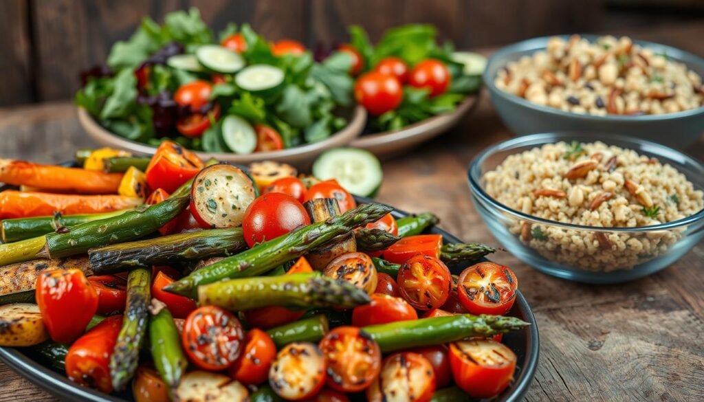 A vibrant assortment of freshly prepared, nutrient-dense BBQ side dishes, artfully arranged on a rustic wooden table. In the foreground, a platter overflows with a colorful medley of grilled vegetables, including zucchini, bell peppers, and asparagus, all glistening with a light drizzle of herb-infused olive oil. In the middle ground, a robust salad featuring mixed greens, juicy cherry tomatoes, and crunchy cucumber slices, dressed in a tangy vinaigrette. In the background, a bowl of creamy, protein-packed quinoa salad, dotted with roasted chickpeas and a sprinkle of toasted almonds. Soft, diffused lighting casts a warm, inviting glow, creating a mouthwatering scene that celebrates the natural flavors and vibrant colors of these healthier BBQ side dish options.