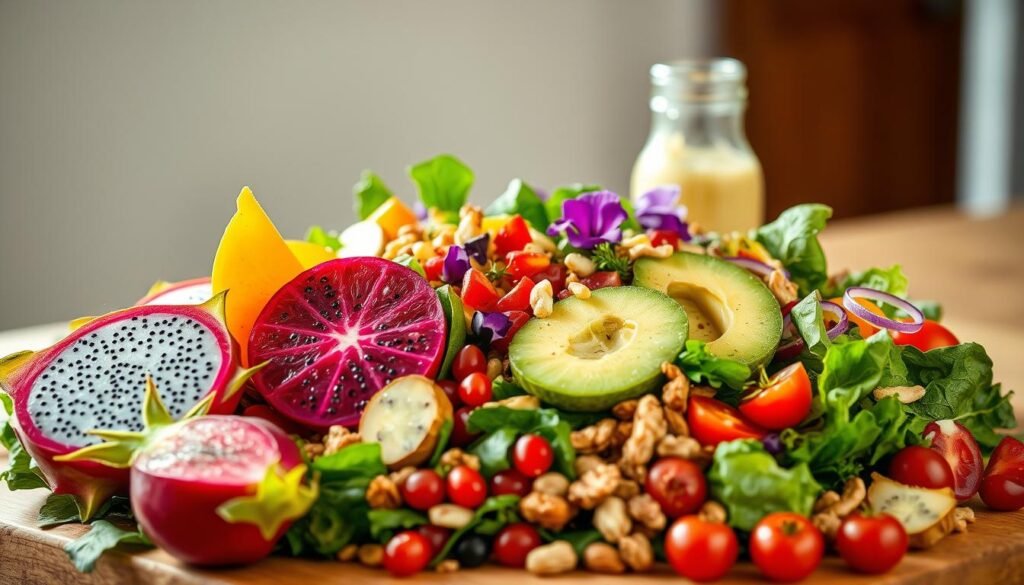 A vibrant assortment of meticulously arranged summer salad ingredients, capturing a sense of culinary experimentation and exploration. The foreground showcases a variety of unique produce, such as dragon fruit, star fruit, kiwi, and pomegranate seeds, artfully combined with more traditional salad components like crisp greens, juicy tomatoes, and crunchy nuts. The middle ground features a variety of dressings and garnishes, including a creamy avocado-based dressing, a tangy citrus vinaigrette, and a sprinkling of edible flowers. The background is softly lit, creating a warm, inviting atmosphere that encourages the viewer to imagine the delightful flavors and textures of this unique summer salad creation. The overall composition conveys a sense of creativity, freshness, and a desire to experiment with unexpected ingredient pairings.