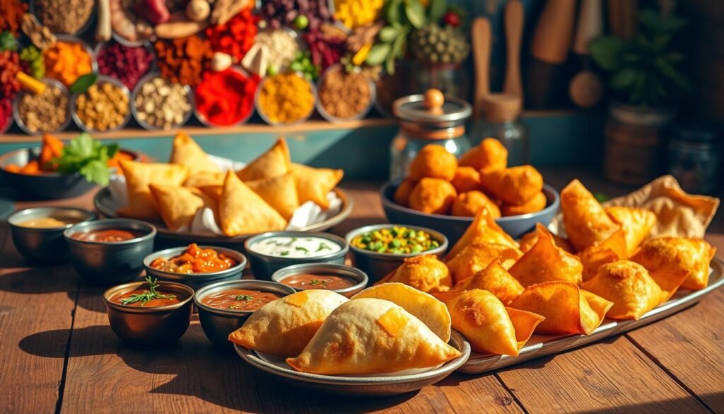 A vibrant assortment of mouthwatering Indian snacks artfully arranged on a rustic wooden table, bathed in warm, natural lighting. In the foreground, crisp samosas and spicy pakoras sit alongside fragrant chutneys and dips, while in the middle ground, flaky samosa pockets and golden-brown vada pav bites draw the eye. The background features a vibrant display of colorful spices, herbs, and other Indian pantry staples, creating a scene that captures the essence of quick, flavorful Indian snack recipes.