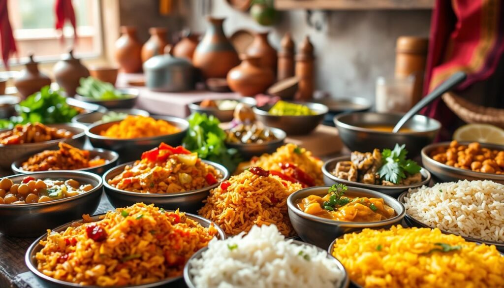 A vibrant assortment of quick and easy Indian lunch recipes, captured in a warm, inviting light. In the foreground, a selection of authentic Indian dishes, their colors and textures bursting forth - from aromatic curries and fragrant rice to flavorful lentil dals and tangy chutneys. The middle ground showcases the preparation process, with ingredients being chopped, mixed, and simmered on a rustic wooden surface. In the background, a glimpse of a traditional Indian kitchen, complete with clay pots, spice jars, and vibrant textiles, creating a sense of cultural immersion. The overall composition conveys the ease and simplicity of crafting delicious, nourishing Indian lunches, perfect for spicing up any midday meal.