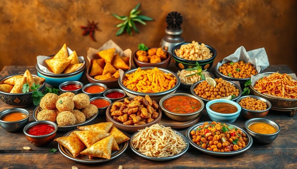 A vibrant assortment of traditional Indian vegetarian snacks arranged artfully on a rustic wooden table. In the foreground, delicate samosas, crisp pakoras, and flavorful chana masala are displayed alongside colorful chutneys and condiments. The middle ground features a variety of savory snacks such as masala peanuts, sev, and bhel puri, all presented in a visually appealing manner. The background showcases a warm, earthy tone, with hints of spices, herbs, and aromatic Indian textiles, creating a welcoming and authentic atmosphere. The lighting is soft and natural, highlighting the rich colors and textures of the dishes. The overall composition conveys the vibrant and diverse flavors of vegetarian Indian snack recipes.