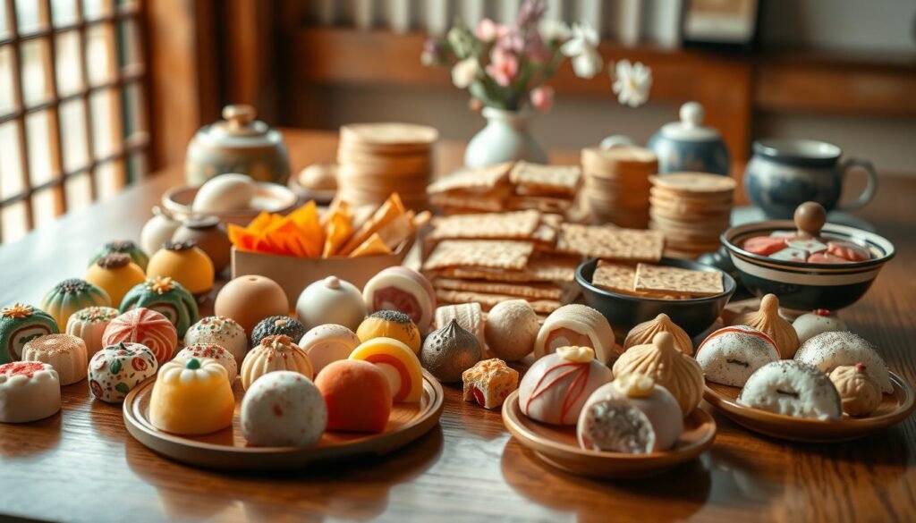 A vibrant assortment of traditional Japanese snacks artfully arranged on a wooden table, with a soft, natural lighting illuminating the scene. In the foreground, an array of colorful mochi, dango, and other bite-sized confections, each delicately crafted with intricate patterns and textures. The middle ground features an array of senbei rice crackers, neatly stacked and seasoned with savory flavors. In the background, a selection of Japanese tea accessories and a simple vase of flowers add a touch of elegance, conveying a sense of cultural authenticity and culinary artistry. The overall mood is one of harmony, balance, and a celebration of the rich diversity of Japanese snack culture. A vibrant assortment of traditional Japanese snacks artfully arranged on a wooden table, with a soft, natural lighting illuminating the scene. In the foreground, an array of colorful mochi, dango, and other bite-sized confections, each delicately crafted with intricate patterns and textures. The middle ground features an array of senbei rice crackers, neatly stacked and seasoned with savory flavors. In the background, a selection of Japanese tea accessories and a simple vase of flowers add a touch of elegance, conveying a sense of cultural authenticity and culinary artistry. The overall mood is one of harmony, balance, and a celebration of the rich diversity of Japanese snack culture.