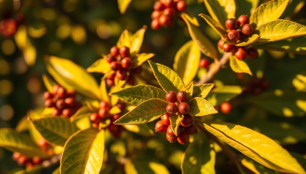 A vibrant, close-up image of the allspice plant, its fragrant green leaves and reddish-brown berries. The scene is bathed in warm, golden natural light, casting gentle shadows and highlighting the plant's intricate textures. The background is blurred, keeping the focus on the captivating allspice. The composition is balanced, with the leaves and berries arranged in a visually pleasing manner. Captured with a high-resolution camera, the level of detail allows the viewer to appreciate the plant's aromatic essence. An atmospheric, sensory-rich depiction of this essential Caribbean spice.
