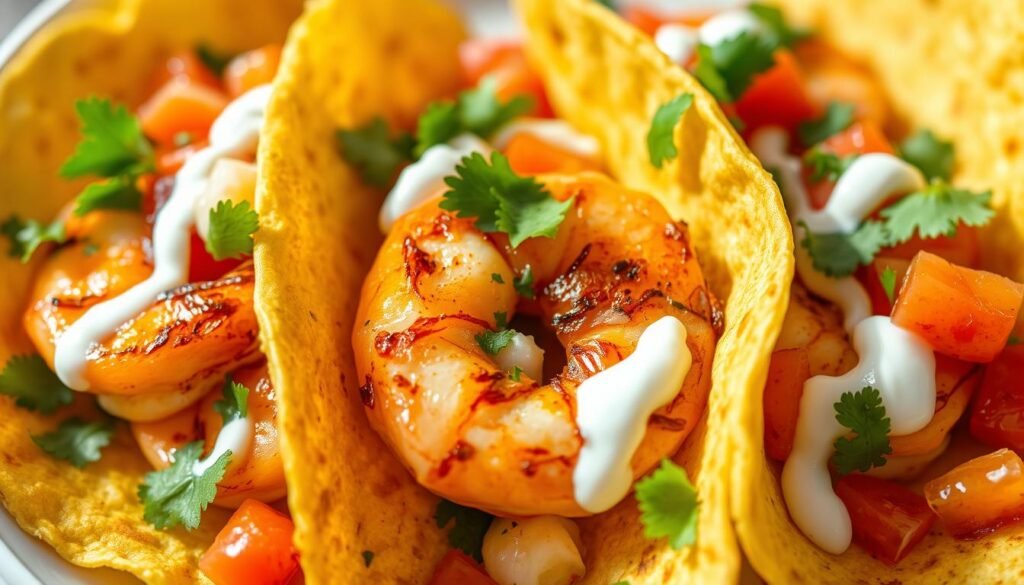 A vibrant close-up of perfectly seared shrimp nestled in soft corn tortillas, garnished with fresh cilantro, diced tomatoes, and a drizzle of creamy lime crema. The shrimp glisten under warm, natural lighting, conveying the island-inspired flavors of the Caribbean. The crisp tortillas and vibrant toppings create a visually enticing and appetizing scene, capturing the essence of a quick, yet flavorful shrimp taco dish.